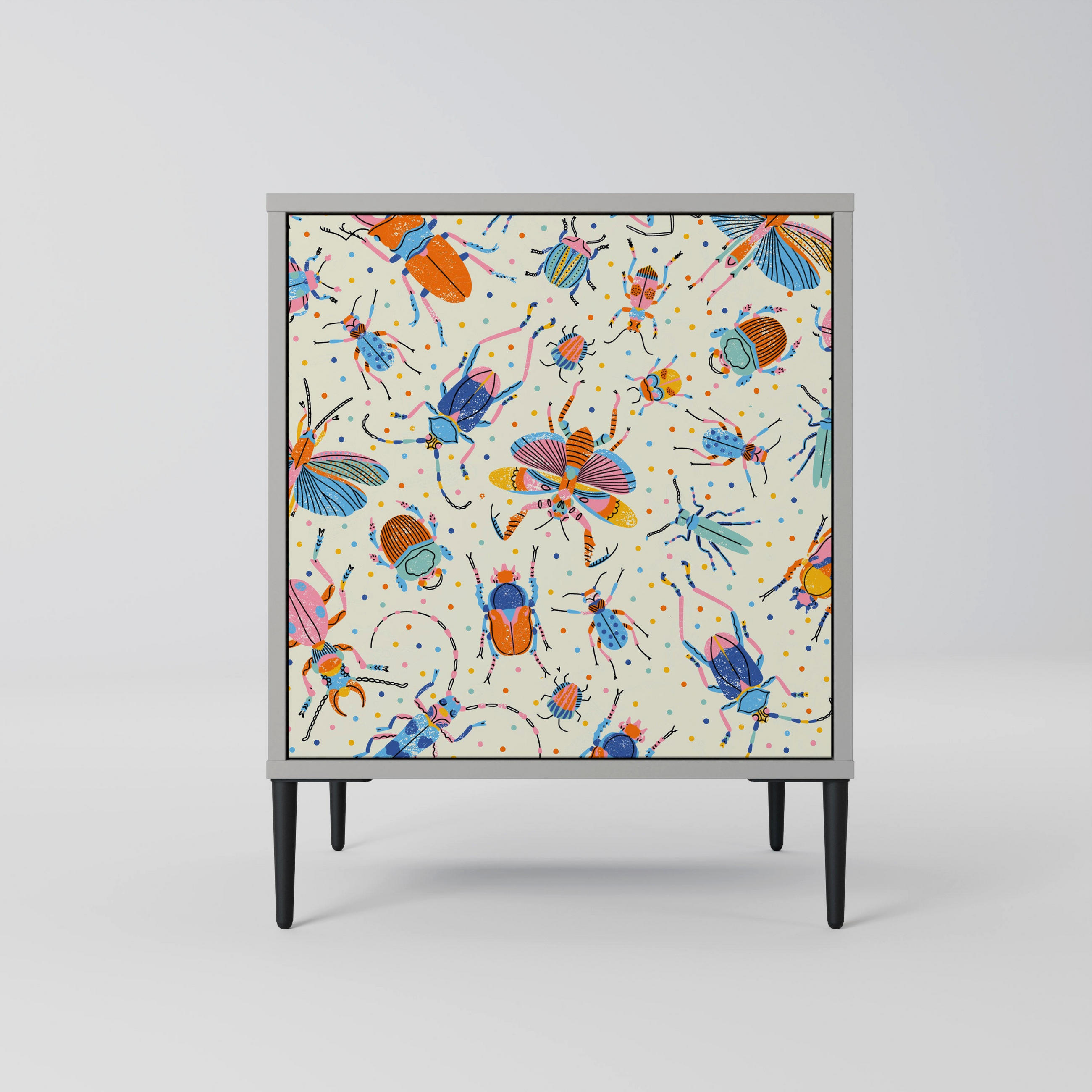 SIDEBOARD COLORFUL INSECTS, Grau, 57,5x42x72,5 cm, Schwarze Metallfüße - Multicolor/Schwarz, Holzwerkstoff/Metall (57.5/72.5/42cm) - SpaceRebels