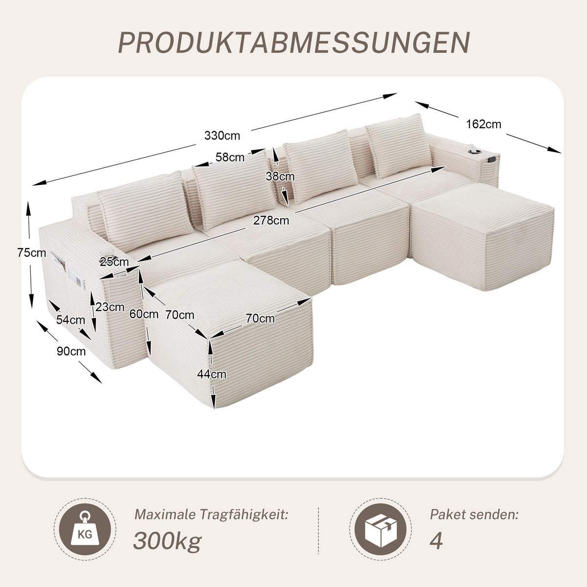 WOHNLANDSCHAFT 330/162/75 cm Beige mit 2 Fußhocker, Getränkehalter und Seitentaschen - Beige, Textil (330/75/162cm) - Oxeza