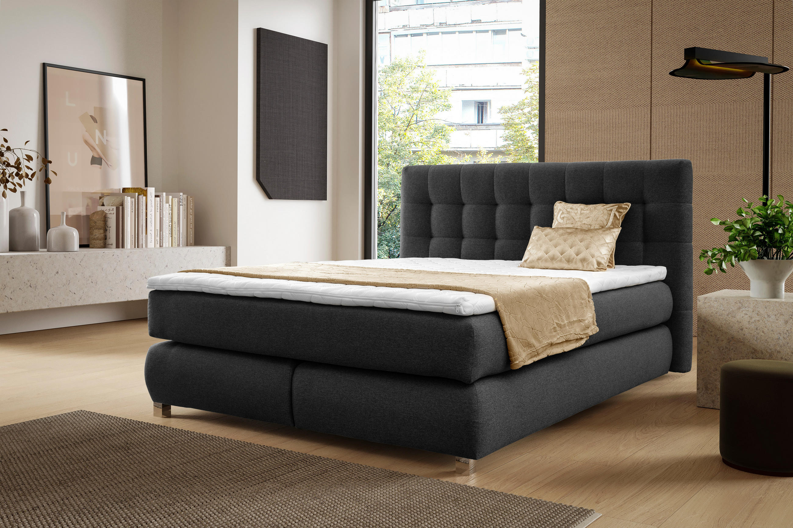 BOXSPRINGBETT BLAKE Bonellmatratze Topper 220x200 Schwarz - Schwarz, Holz (220/200cm) - Furnistar
