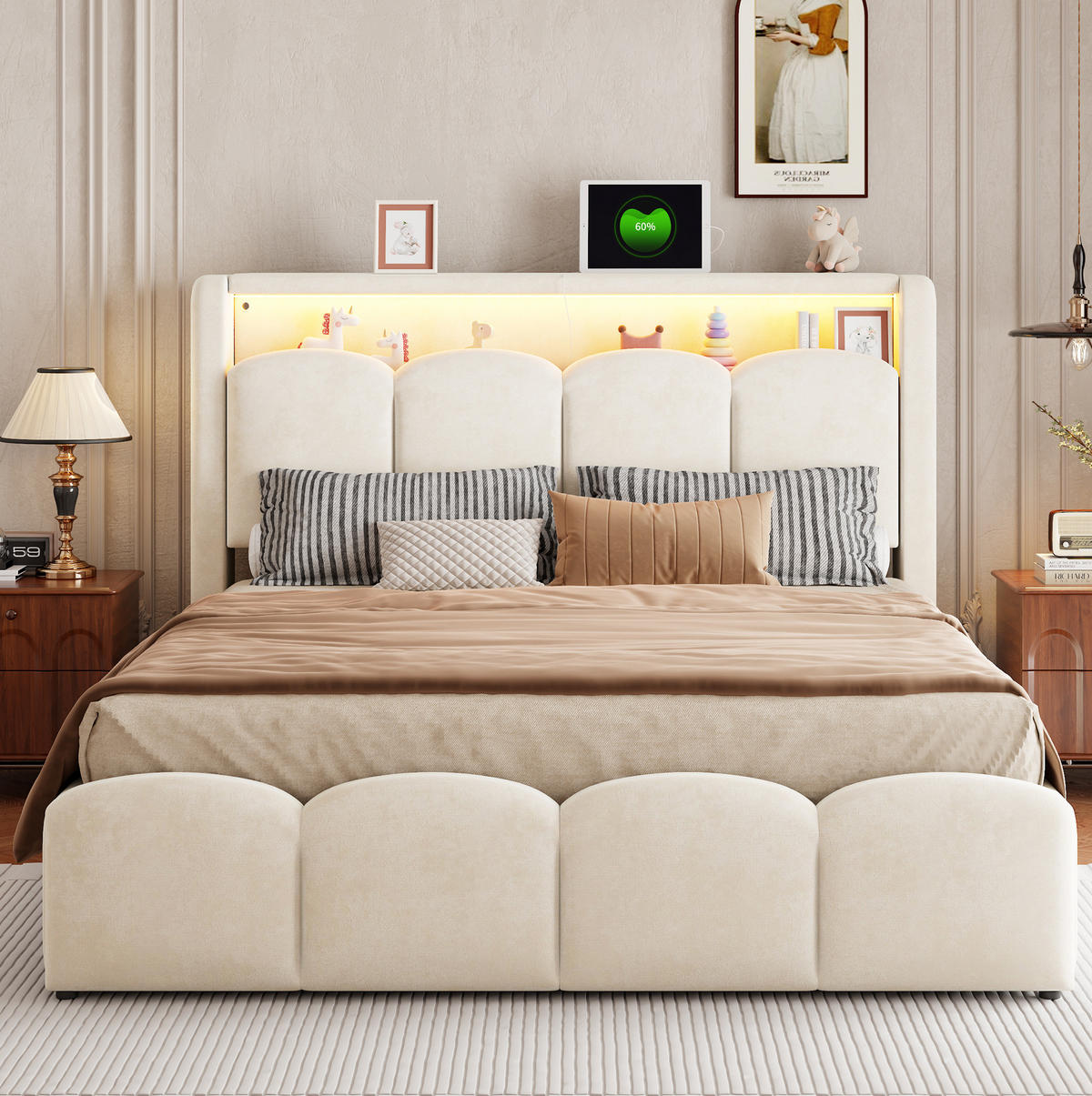 POLSTERBETT 140x200 cm in Beige mit LED, USB-/Typ-C-Anschlüssen und Stauraum - Beige, Textil (140/200cm) - IVMEU