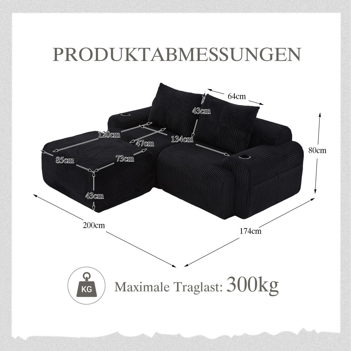 MODULARES 2-Sitzer Cordsofa mit Hocker Getränkehalter und Seitentasche 200/174/80 cm Schwarz - Schwarz, Textil (174/200cm) - Redom