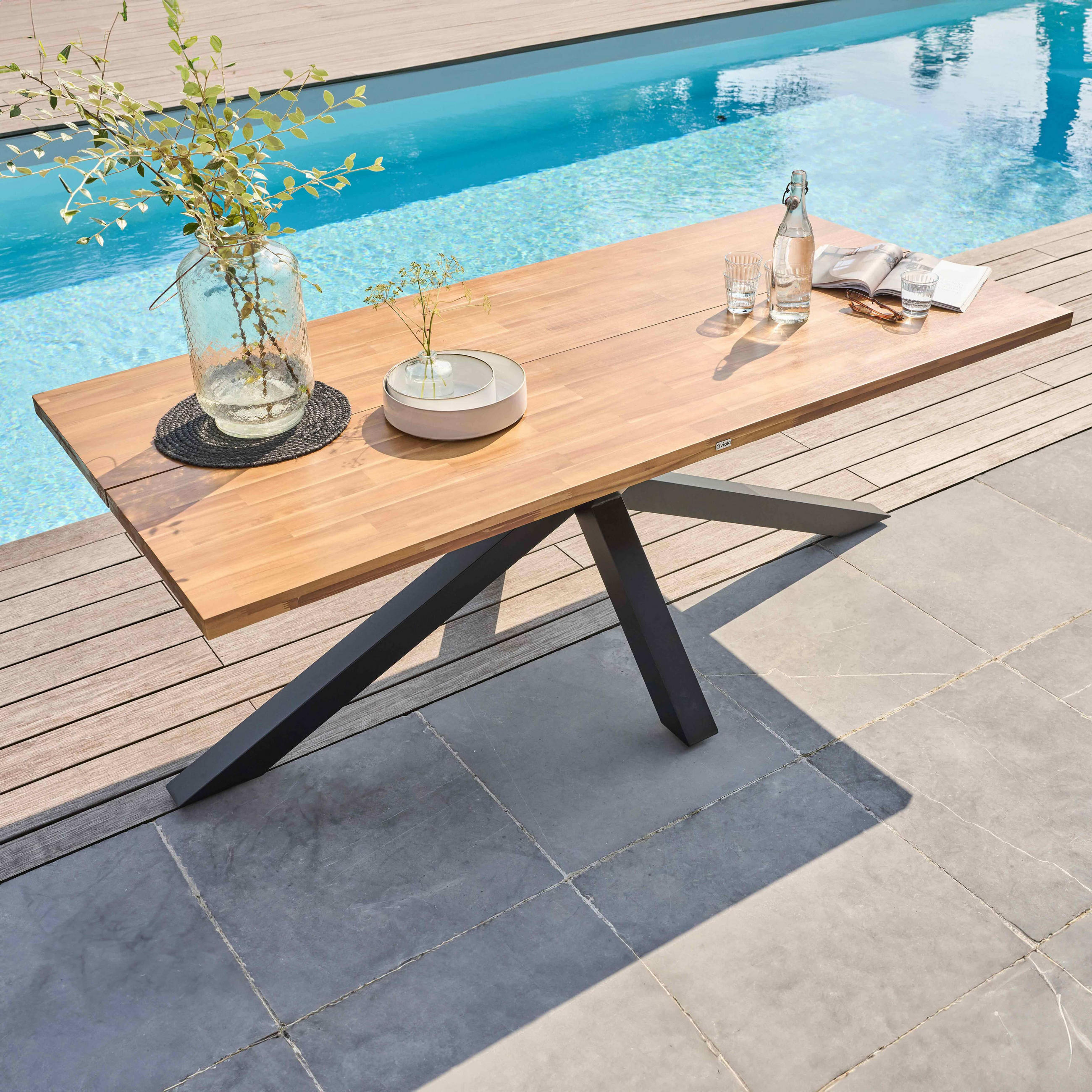 GARTENTISCH , Holz und Grau - Eichefarben/Grau, Holz/Metall (200/95/75cm) - Oviala