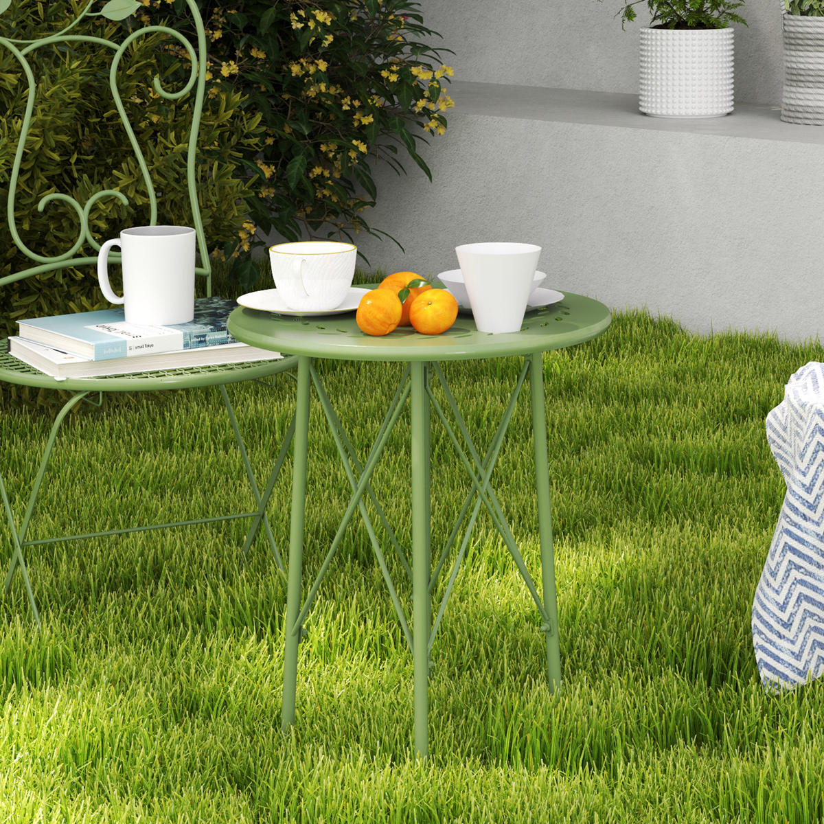 GARTENBEISTELLTISCH DE-14107 mit Blumen- und Blätter-Ausstanzung, Ø40x50 cm Grün - Grün, Metall (40/40/50cm) - ComfortXL