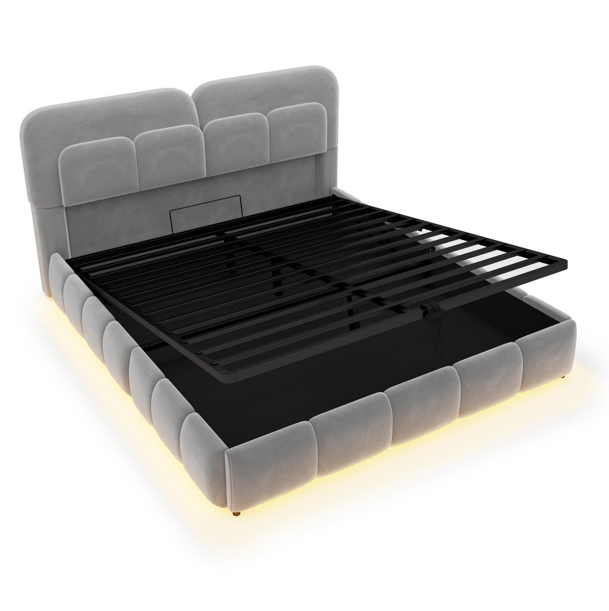 POLSTERBETT 140/200 cm aus Samt mit LED und Stauraum, Grau - Grau, Textil (140/200cm) - OKMYHOME