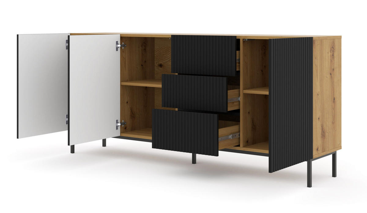 KOMMODE Artisan Eiche, Schwarz, Schwarz 200/89/42 - Schwarz, Holzwerkstoff (200/89/42cm) - RAUMHIRSCH FURNITURE
