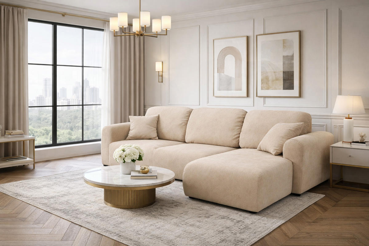 ECKSOFA Mit Schlaffunktion Und Bettkasten, Sofa L-Form Bingo L, Veloursstoff Salvador, Beige, Rechts - Beige, Holz (250/142cm) - Kaiser Möbel