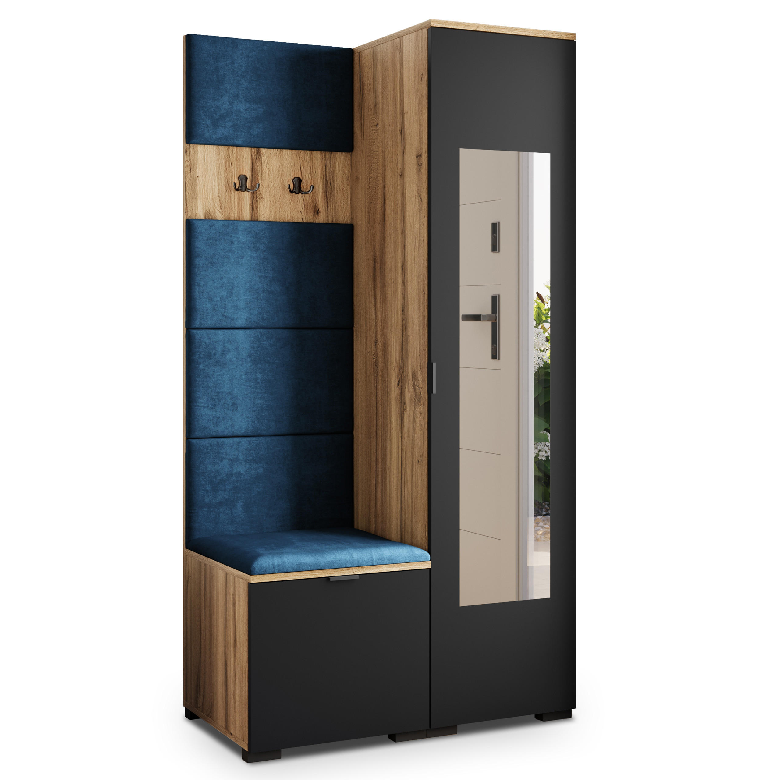Masseno Garderobenschrank Eiche Wotan, Schwarz, Blau 95x181x51 cm