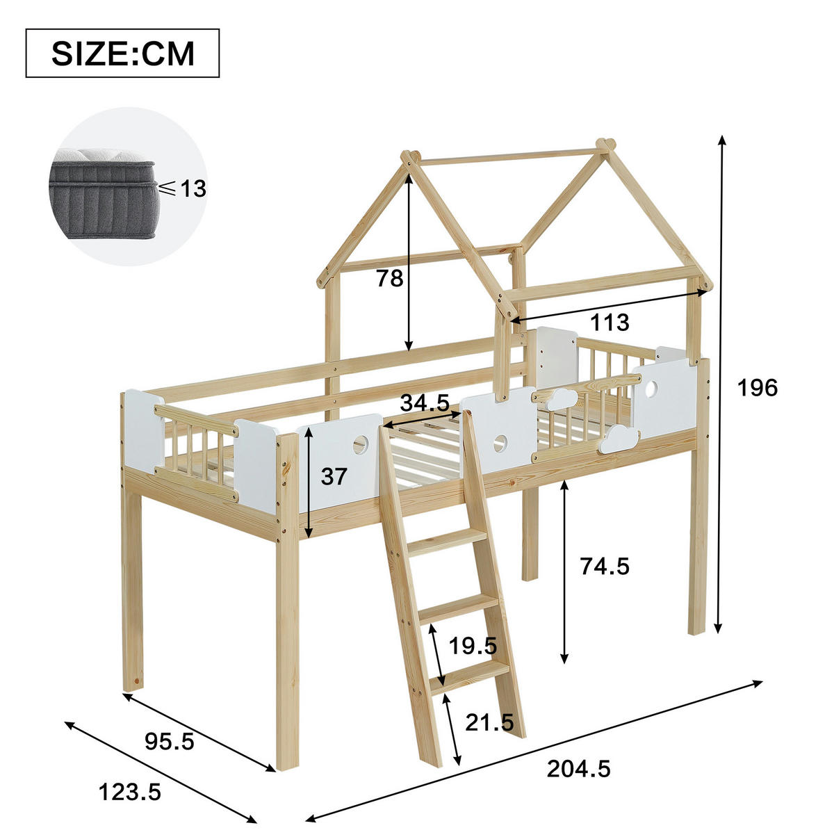 HOCHBETT 90/200 cm in Weiß/Natur mit Dachdesign und Fallschutz - Naturfarben, Holzwerkstoff (90/200cm) - Flora Grace
