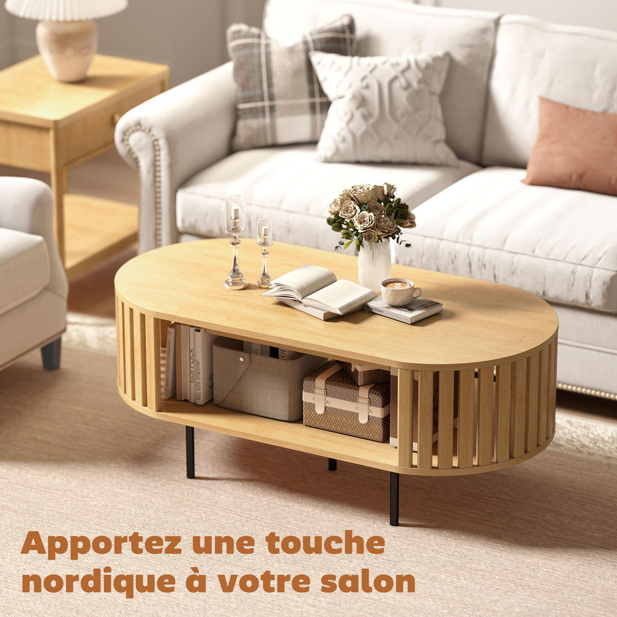 COUCHTISCH DE-15825 Lamellen-Design mit zwei Ablagen Naturholz - Naturfarben, Holzwerkstoff (100/50/40cm) - ComfortXL