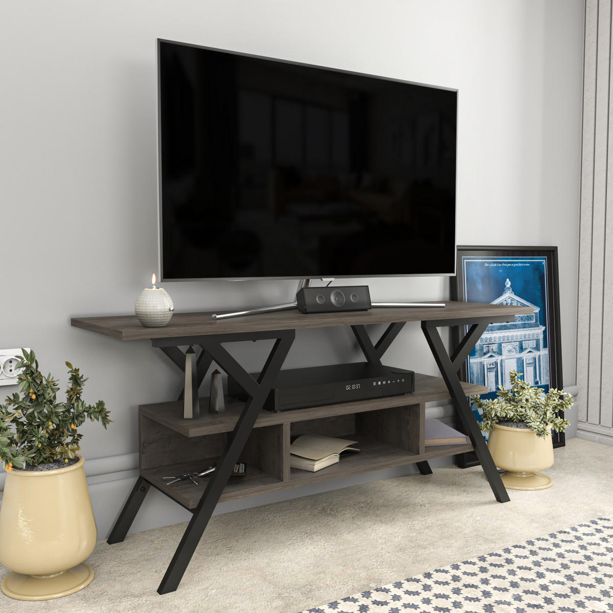 TV Stand Minerva Schwarz und Wenge - Braun, Holzwerkstoff (120/55/35cm) - Decorotika
