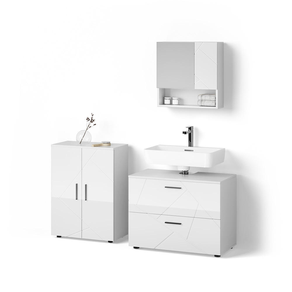 BADMÖBEL-SET Ronco Weiß Hochglanz 3 Teile, mit Unterschrank 80 cm - Weiß Hochglanz/Weiß, Holzwerkstoff (80/58/41cm) - Livinity®