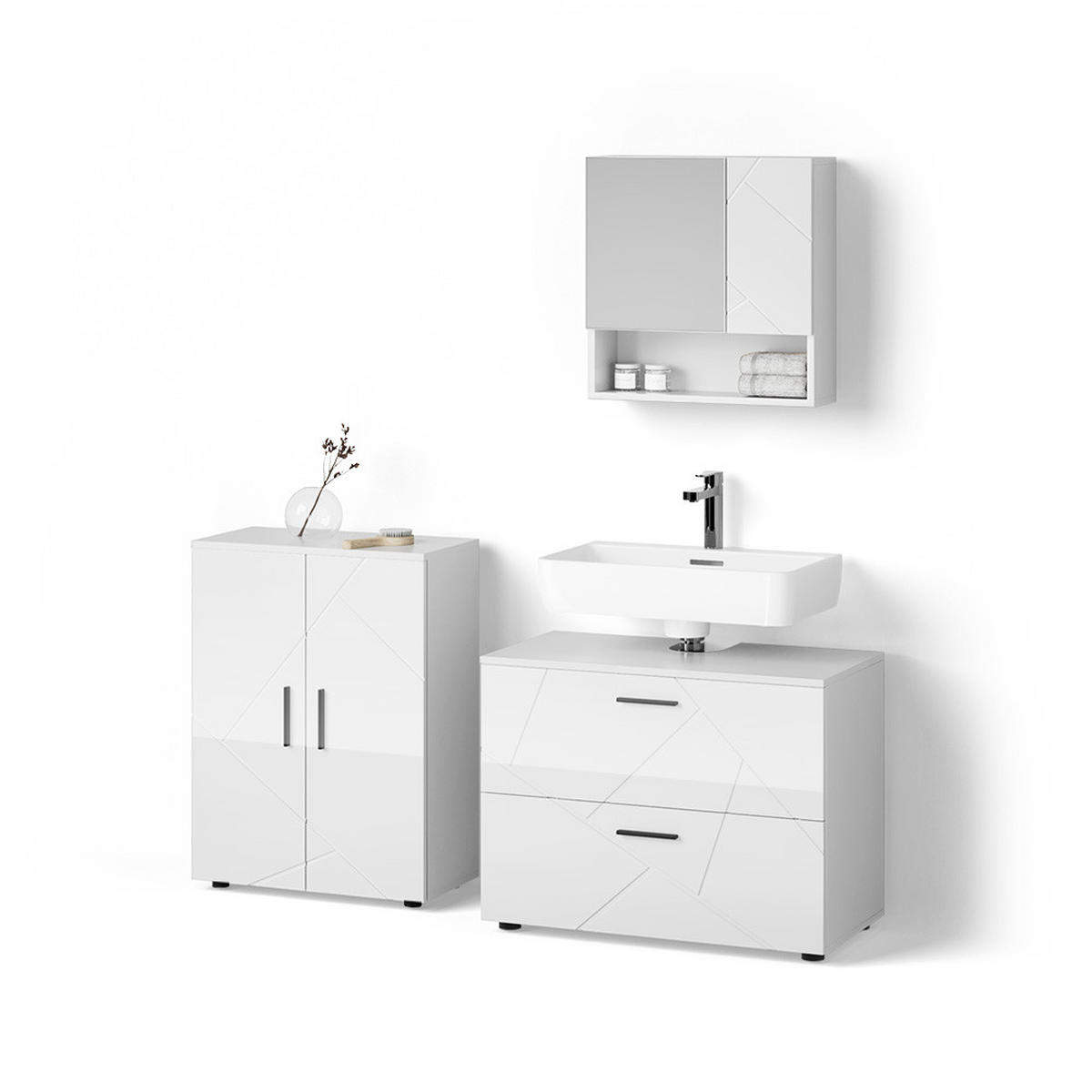 BADMÖBEL-SET Ronco Weiß Hochglanz 3 Teile, mit Unterschrank 80 cm - Weiß Hochglanz/Weiß, Holzwerkstoff (80/58/41cm) - Livinity®