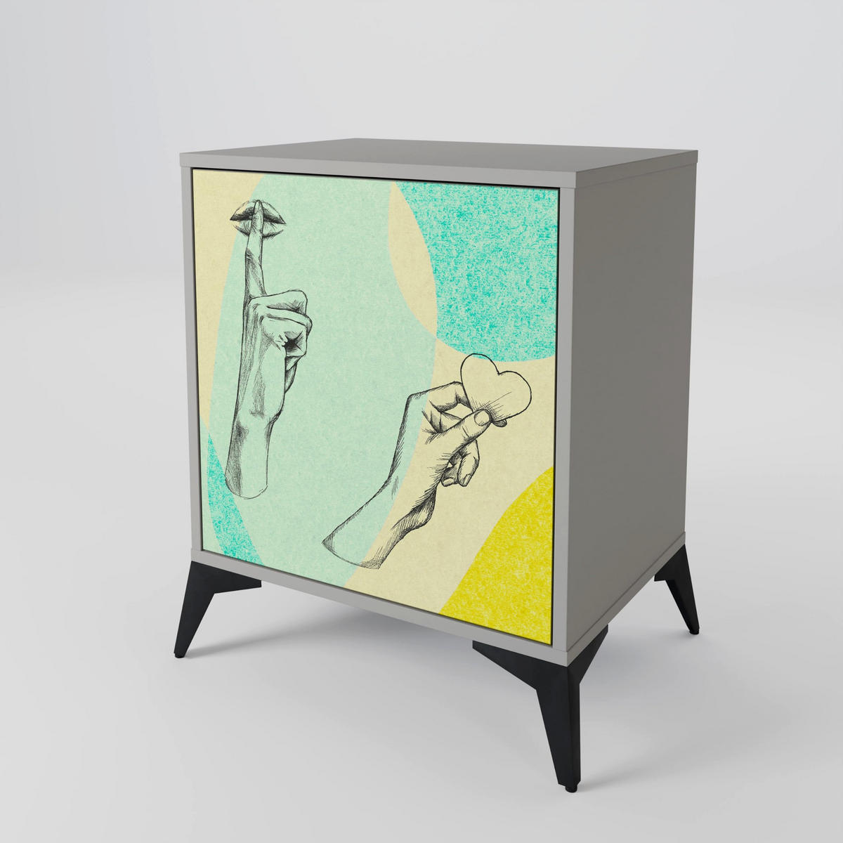 SIDEBOARD BODY LANGUAGE, Grau, 57,5x42x77,5 cm, Schräge Buchenholzfüße - Buchefarben/Multicolor, Holzwerkstoff/Buchenholz (57.5/77.5/42cm) - SpaceRebels