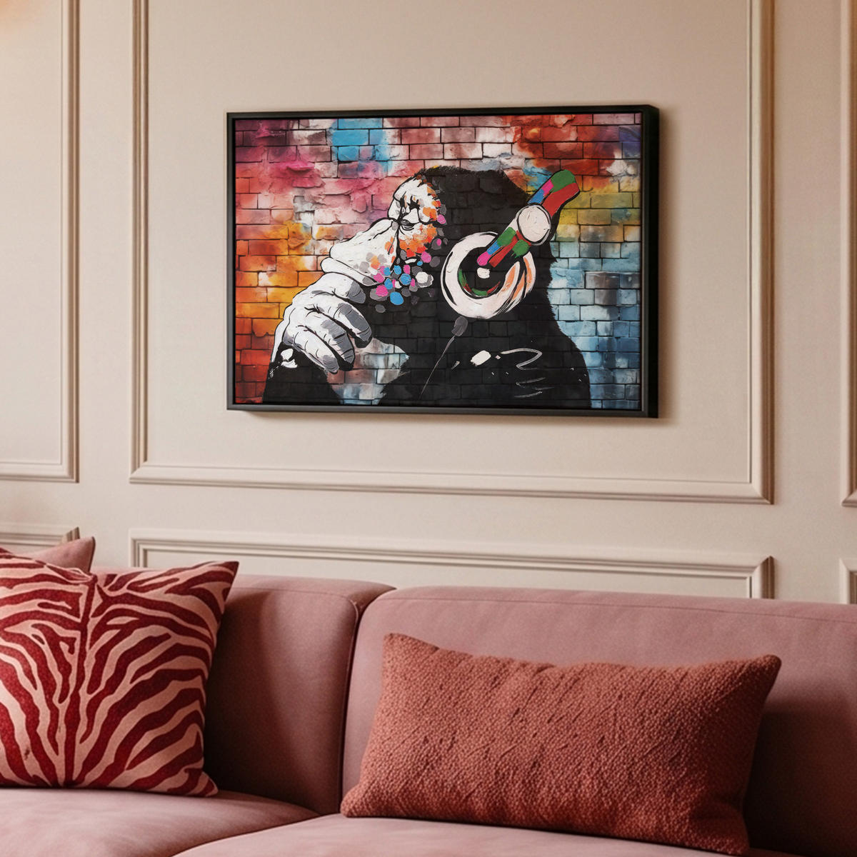 LEINWAND Bilder mit Rahmen - Affe - Graffiti - Musik - 60x40 - Multicolor, Textil (60/40cm) - MuchoWow