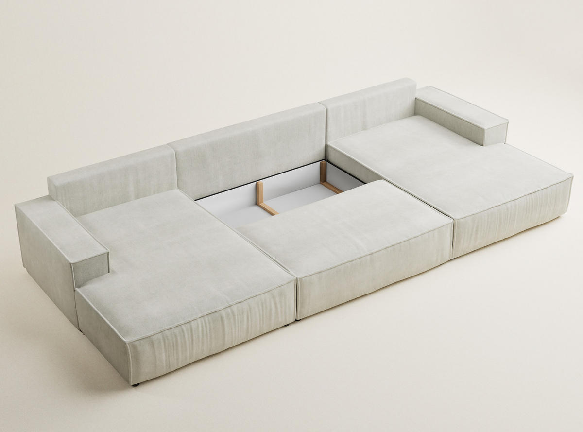 WOHNLANDSCHAFT Kyoto Creme Webstoff - Creme/Schwarz, Holz/Holzwerkstoff (398/70/148cm) - Maison de Reve