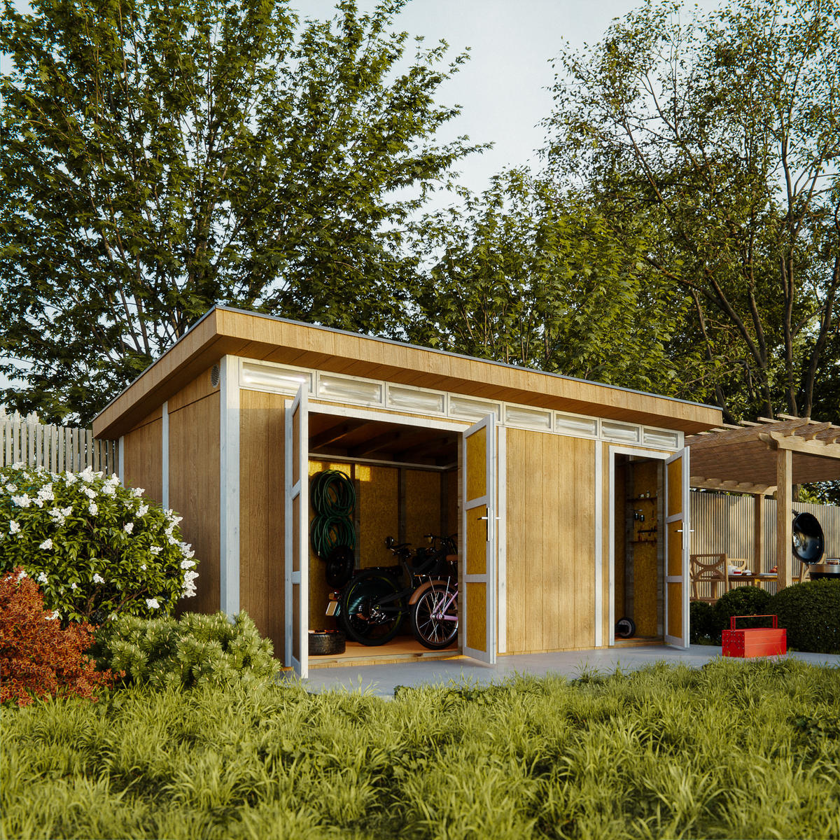 HOLZ-GARTHENHAUS Basis LP SmartSide 8.52 + 2.95 m² mit B530xL279xH237 cm - M905C - TERRA BROWN - Hellbraun, Holz (530/237/279cm) - Timbela