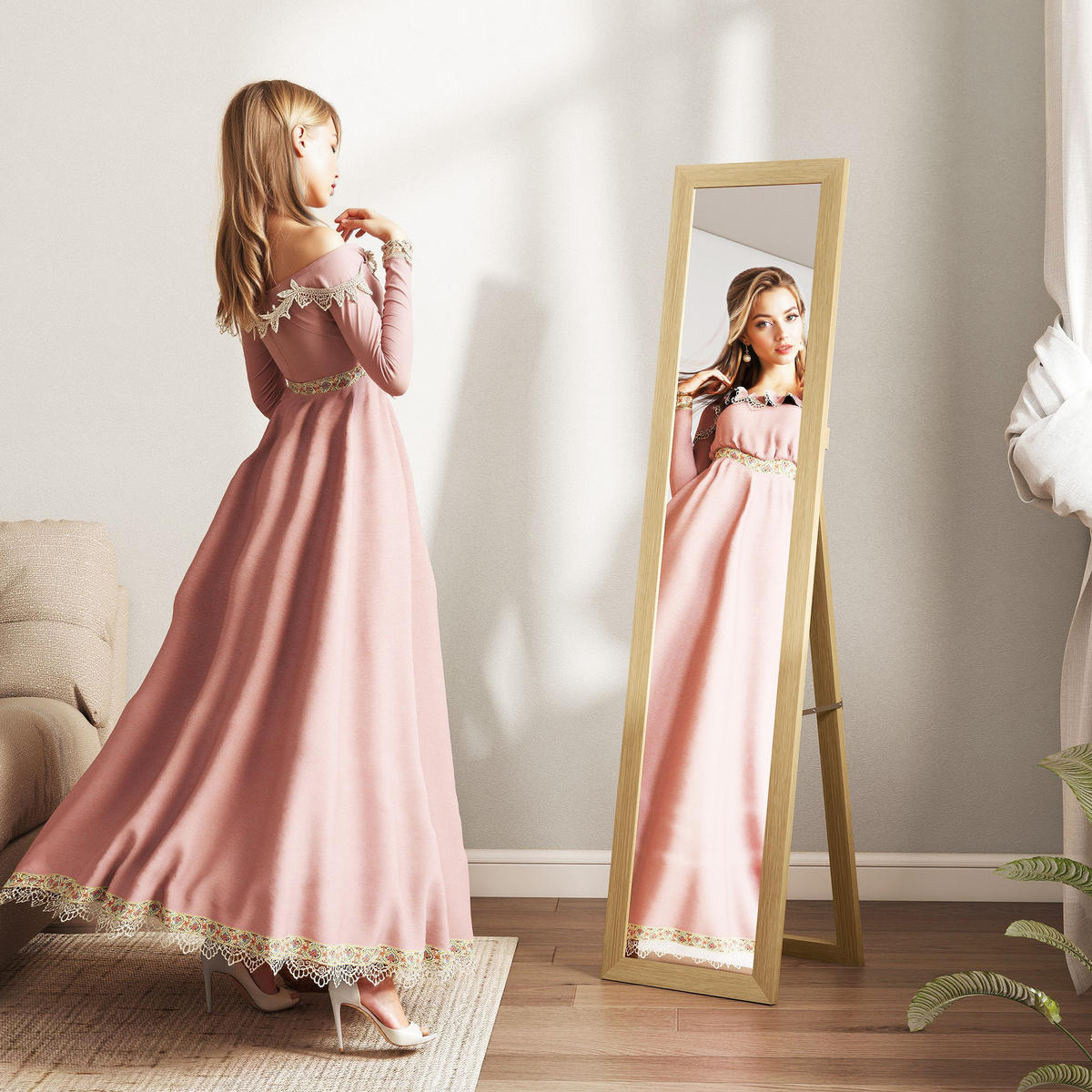 STANDSPIEGEL, Ganzkörperspiegel mit Ständer, freistehender Wandspiegel, Eiche - Naturfarben, Glas (3.8/157/37cm) - HOMCOM