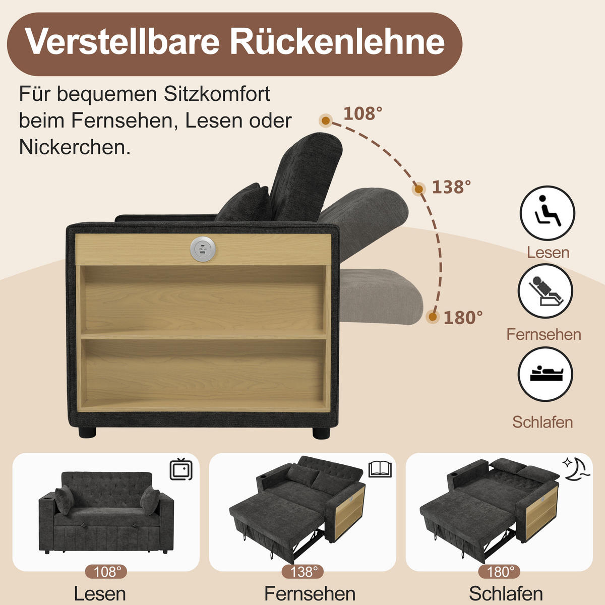 SCHLAFSOFA, Chenille mit USB-Anschluss, Stauraum & 3-fach verstellbarer Rückenlehne, 140/137/84 cm, Grau - Grau, Textil (137/84/140cm) - Redom
