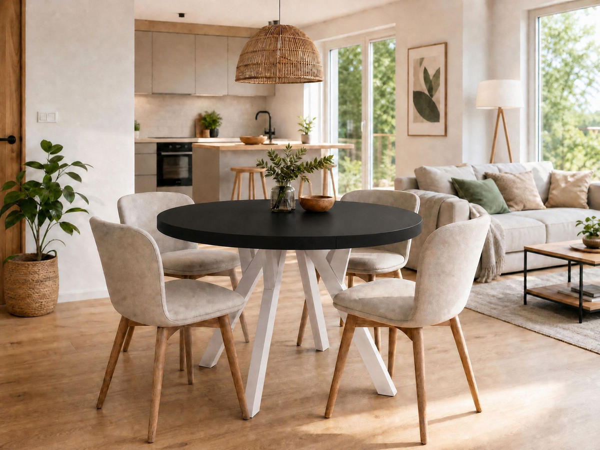 ESSTISCH ausziehbar rund ATO, 90-190 cm, Schwarz, weiße Holzbeine - Schwarz/Weiß, Holzwerkstoff/Buchenholz (90/90/77cm) - VENASI MÖBEL