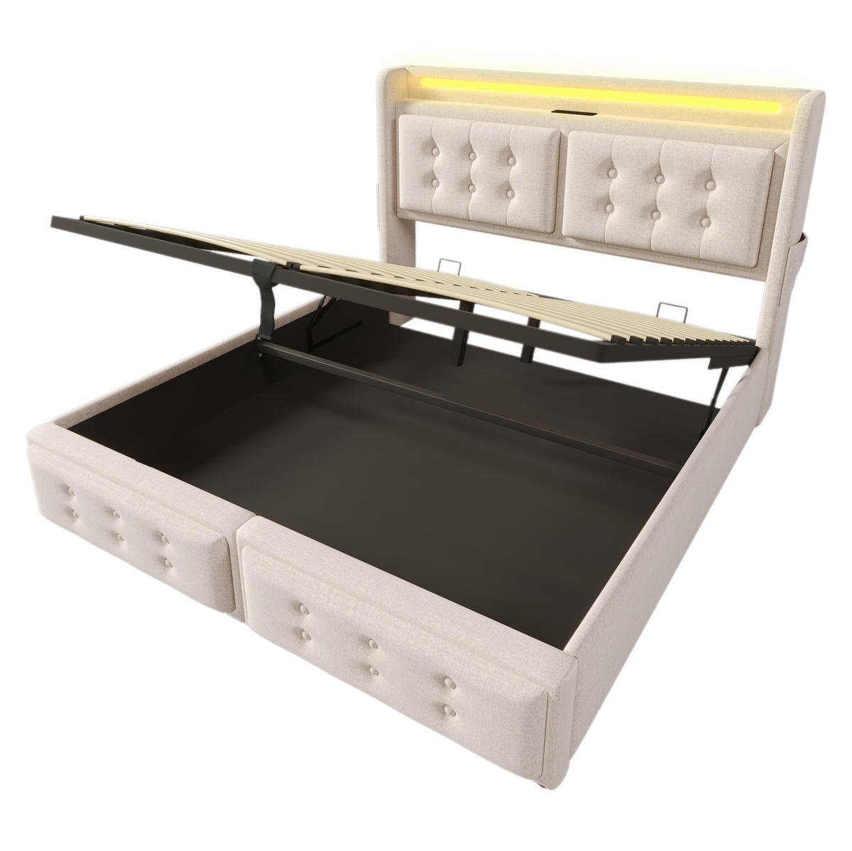 POLSTERBETT 180/200 cm Beige aus Baumwoll-Leinen mit LED und USB-C - Beige, Textil (180/200cm) - OKWISH