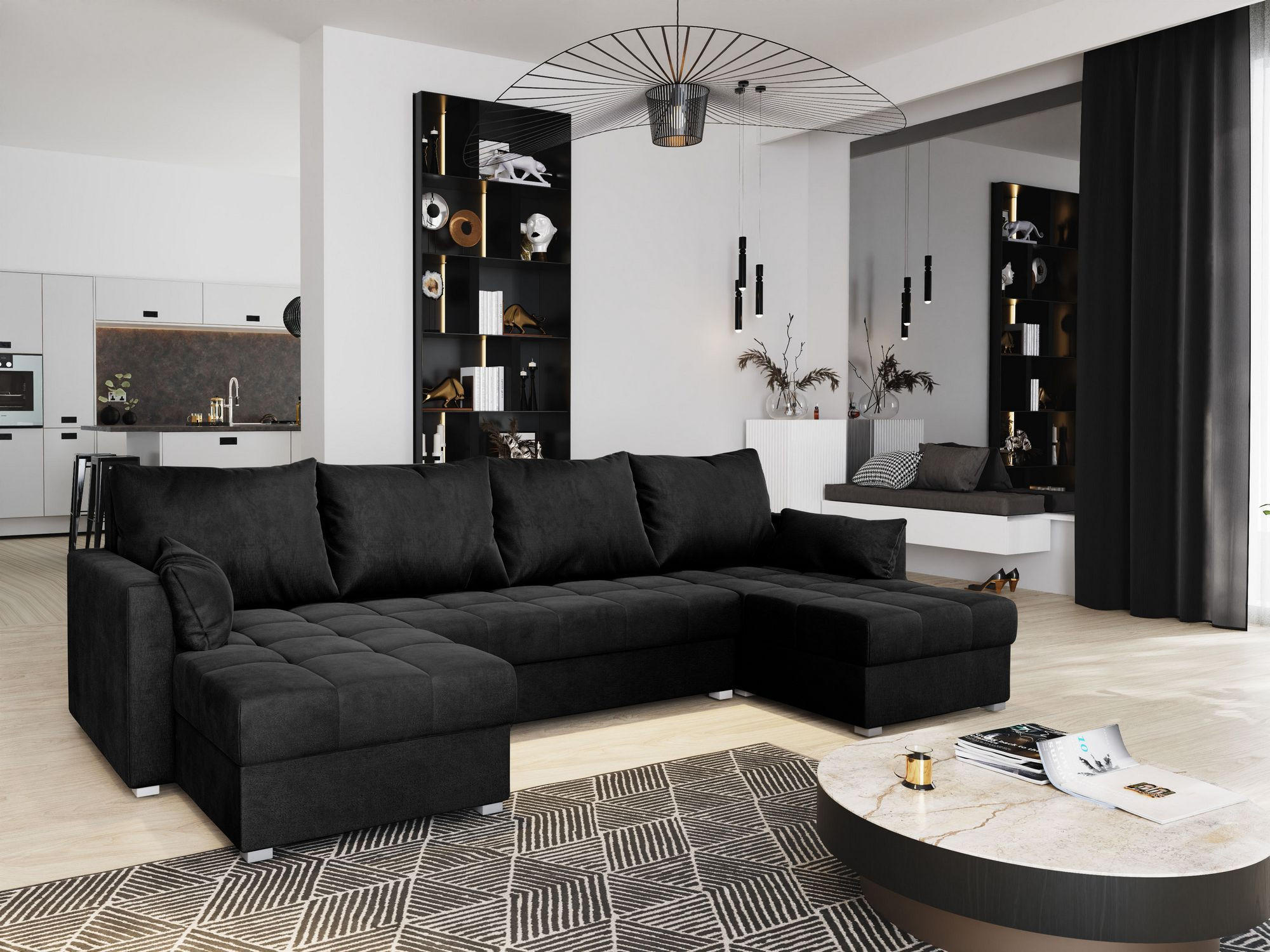 WOHNLANDSCHAFT NAKO M Schwarz Velours-Stoff mit Schlaffunktion - Schwarz, Holz (285/85/140cm) - MASSENO