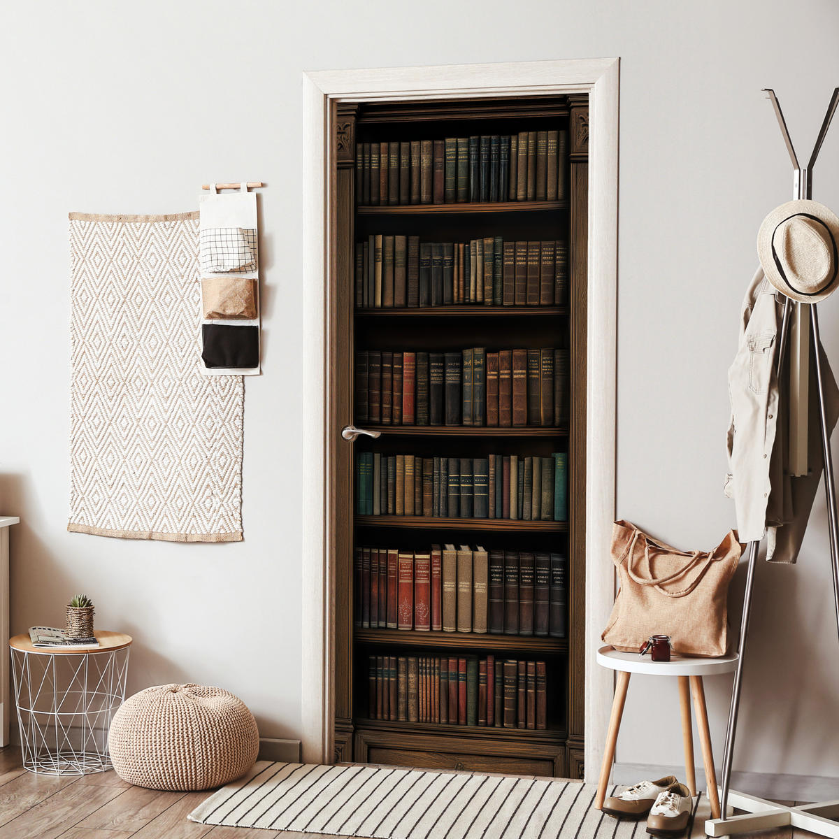 TÜRAUFKLEBER Bücherregal - Vintage - Braun 85x215 cm - Türtapete - Nussbaumfarben, Kunststoff (85/0.1cm) - MuchoWow