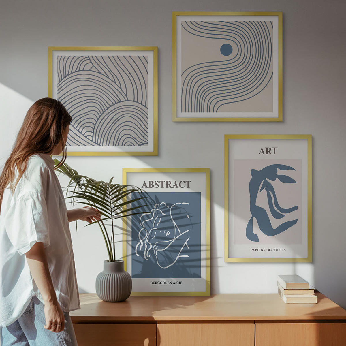 BILDER SET 4er Set - 50x50 cm & 40x60 cm Goldrahmen - Poster mit abstrakten Linien und Wellen - Goldfarben, Kunststoff (50/50cm) - TULUP