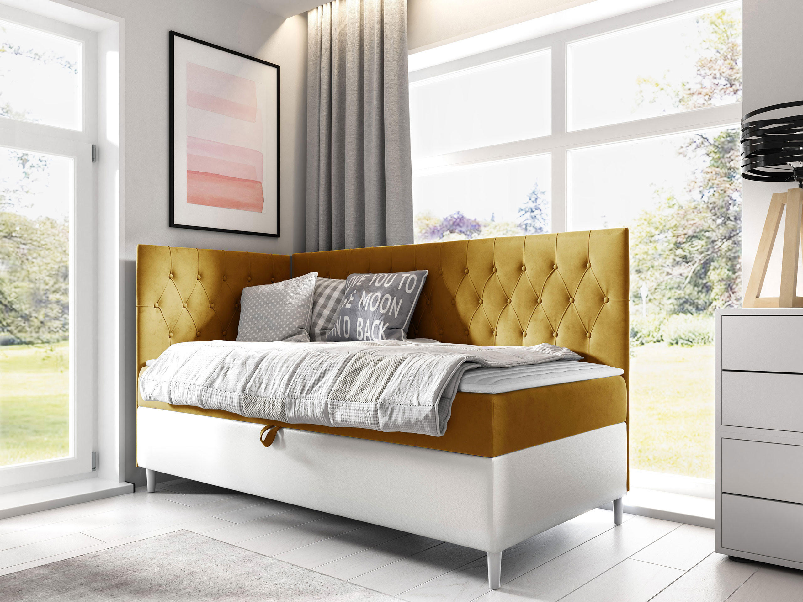 BOXBETT Filip Junior 3, Seite zum Öffnen des Bettkastens: Links - Gelb/Weiß, Holz (100/200cm) - MIRJAN24