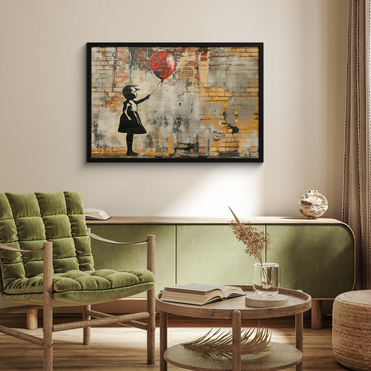 ZARÁMOVANÝ PLAGÁT Graffiti - Banksy - Dievča - Street art 90x60 cm - piesková, papier (90/60cm) - MuchoWow