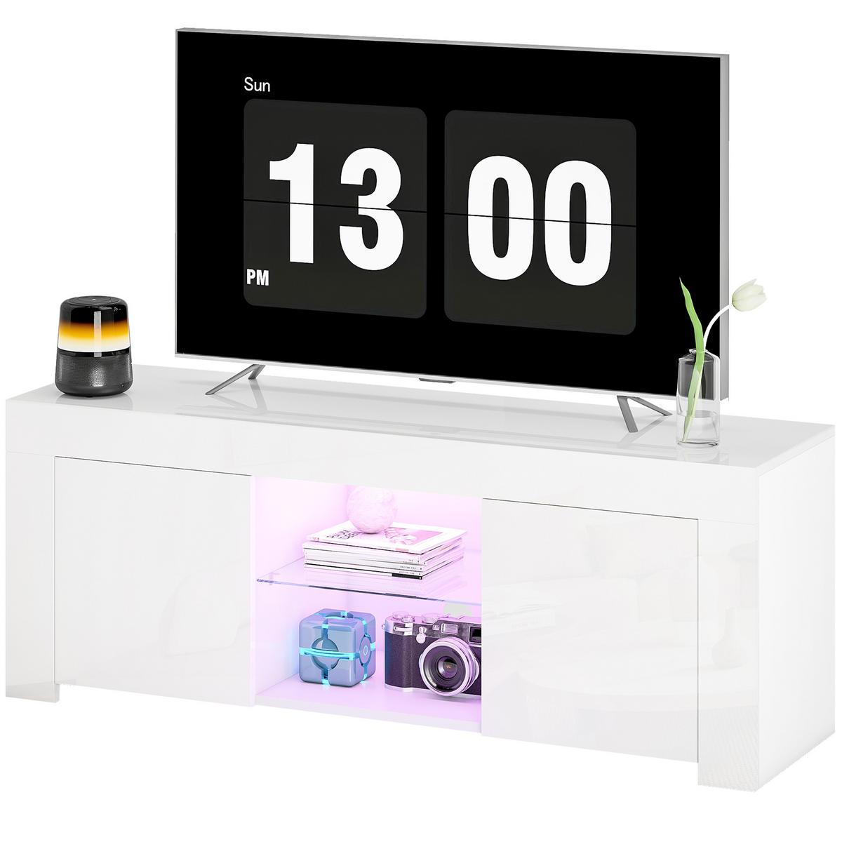 TV-SCHRANK mit LED-Beleuchtung, 2 Schranktüren, Glasregal, Kabellöcher, für Wohnzimmer, Spanplatte, Weiß - Weiß, Holzwerkstoff (120/45/34cm)
