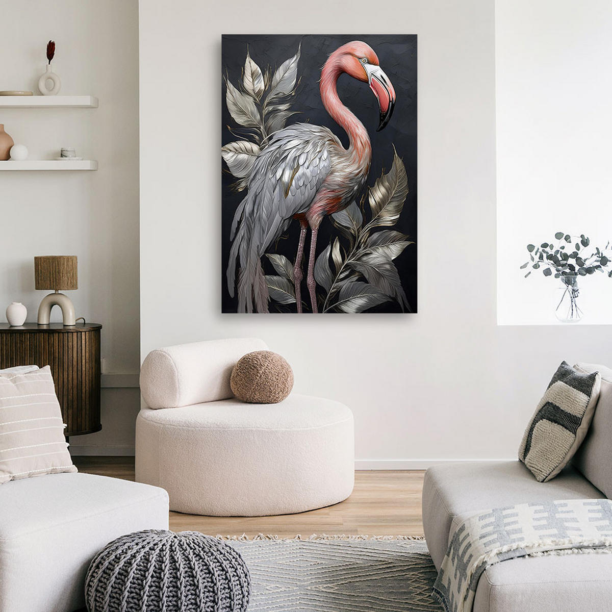WANDBILD flamingo vögel silberne tiere - Silberfarben, Textil (40/60cm) - Feeby