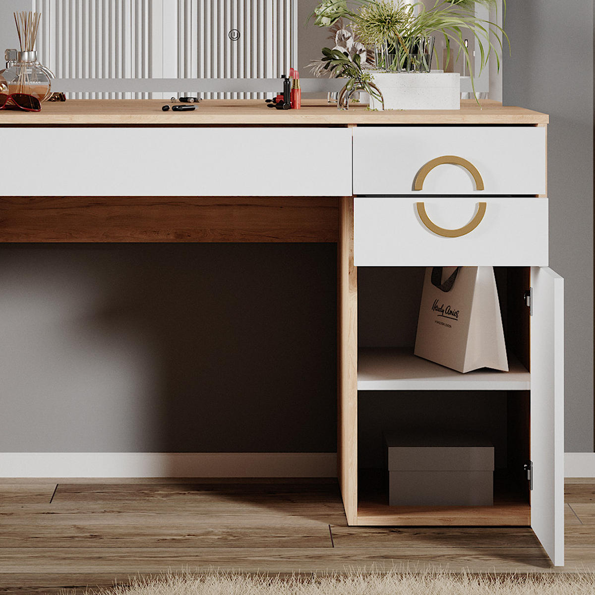 SCHMINKTISCH Adela Natural Rockford Hickory 115 cm mit LED-Spiegel - Weiß/Sonoma Eiche, Holzwerkstoff (115/76.4/55cm) - Vicco