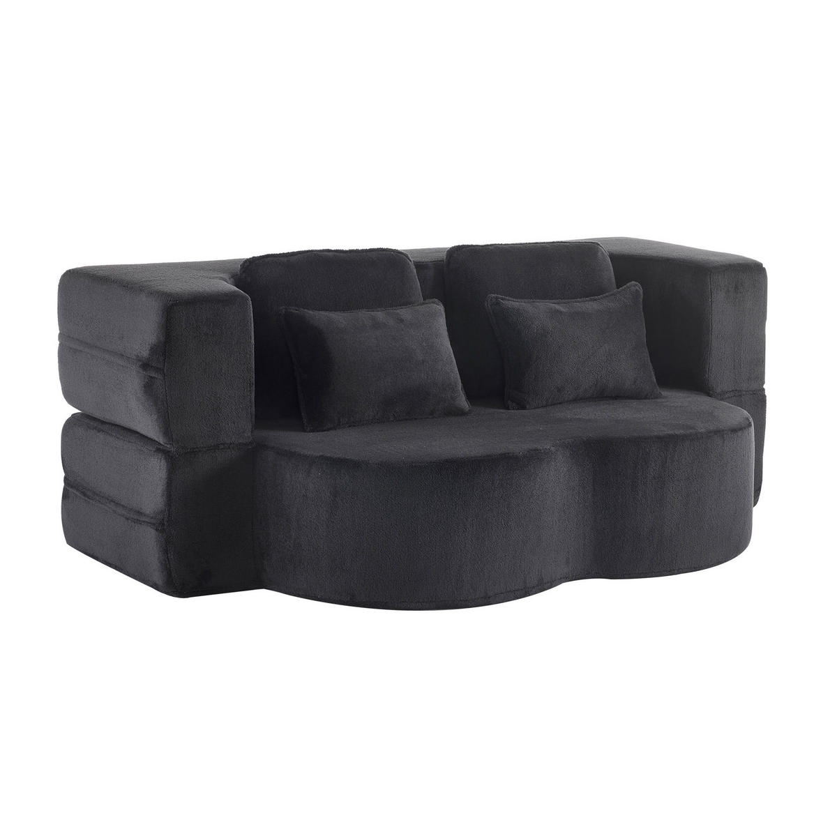 BODENSCHLAFSOFA mit Schlaffunktion, 4 Kissen und ergonomischer Polsterung, Schwarz - Schwarz, Textil (198/76/60cm) - Redom