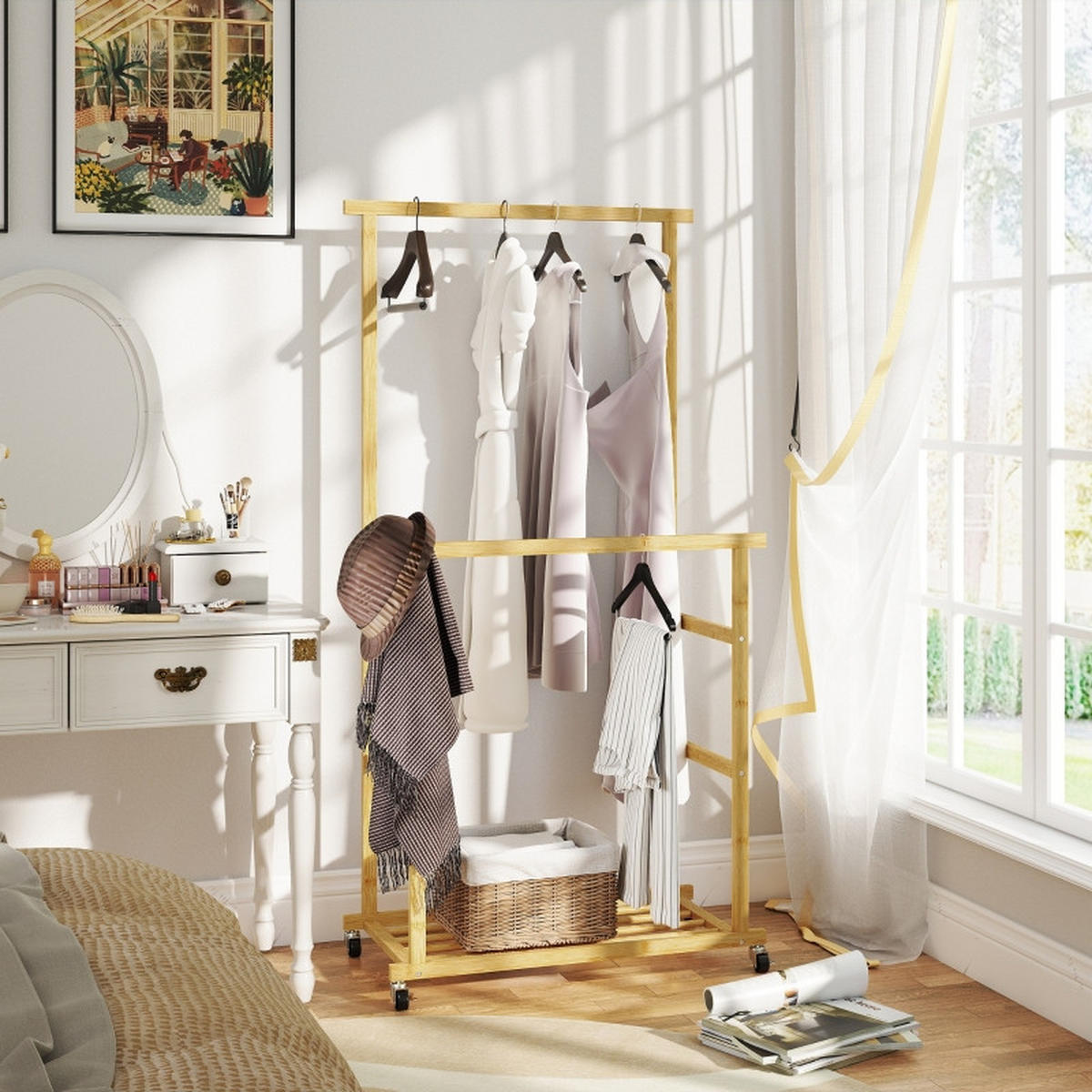 GARDEROBENSTÄNDER 80/40/160 cm aus Bambus mit 2 Kleiderstangen und Schuhablage - Naturfarben, Naturmaterialien (80/160/40cm) - BEAOK