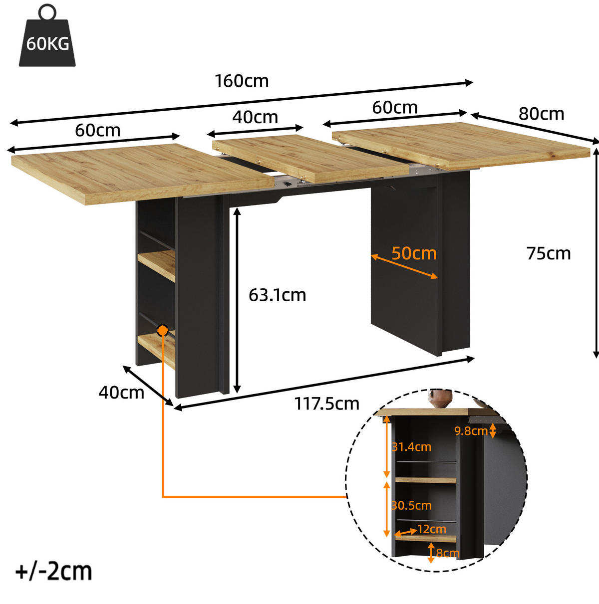 KOMODA 120-160/80/75 cm, MDF v dekore prírodného dreva, s úložným priestorom - hnedá, kompozitné drevo (120/80/75cm) - BEAOK