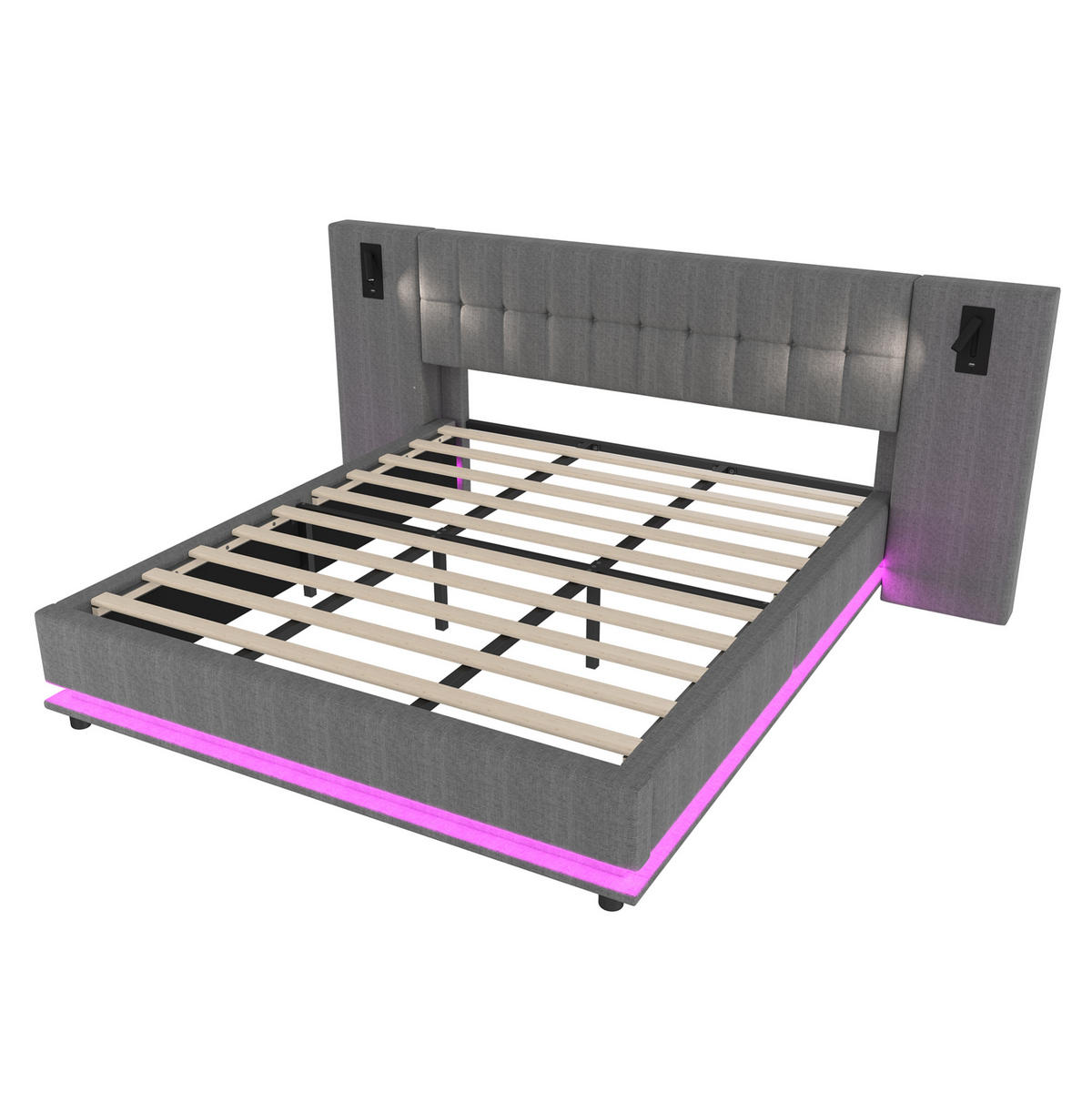 ČALÚNENÁ posteľ 180/200 cm s LED osvetlením, čelom so spotom a USB portom, bez matraca, Sivá - sivá, textil (180/200cm) - Redom