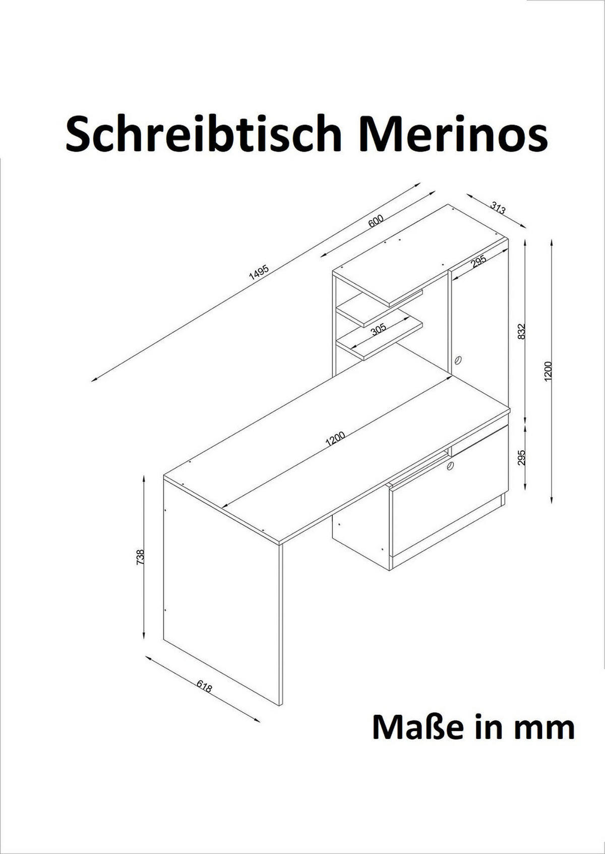 SCHREIBTISCH Merinos Weiß Walnuss - Walnussfarben/Weiß, Holzwerkstoff (62/150/120cm) - moebel17