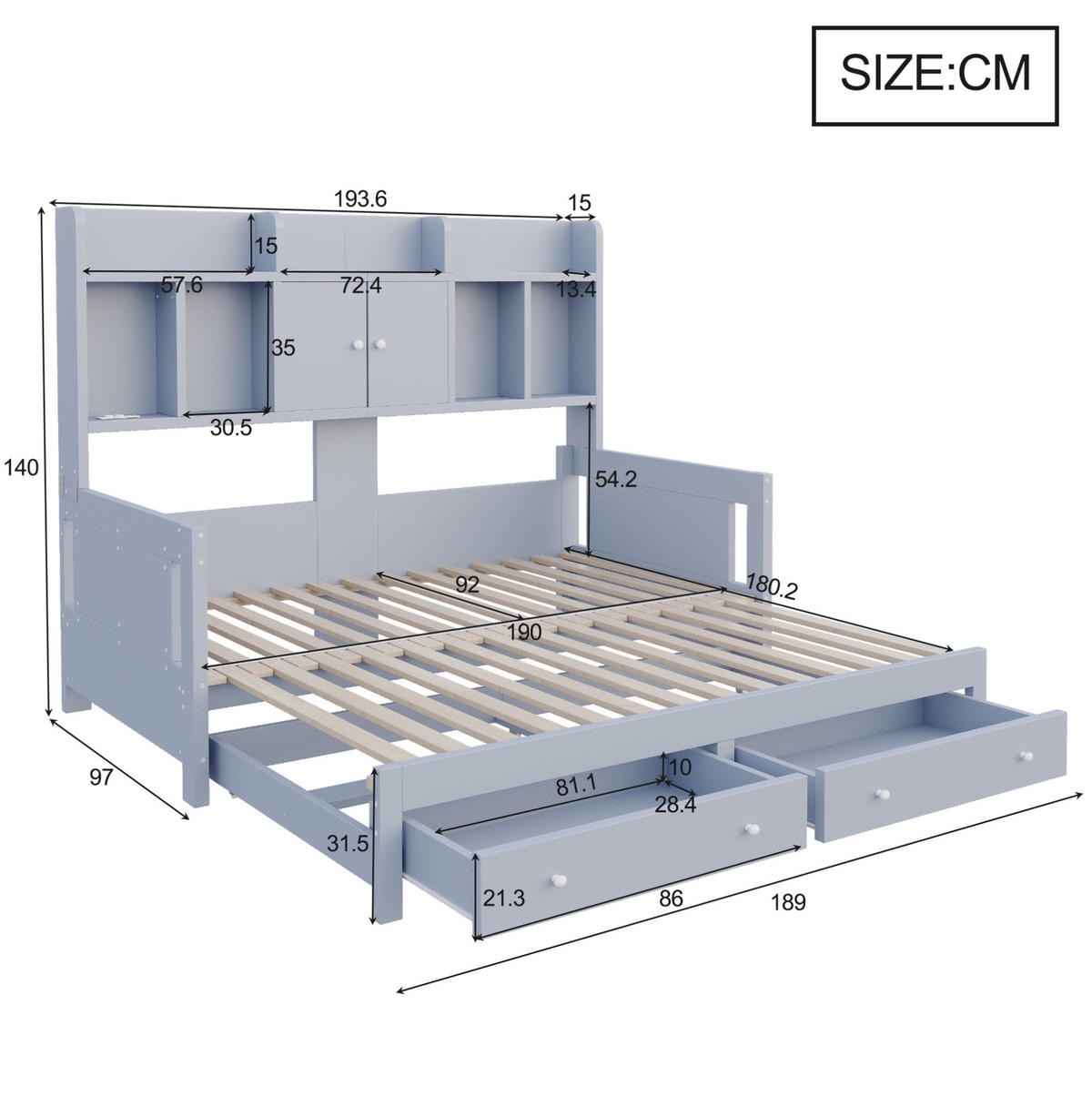 BETT 90/180×190 cm in Grau mit Stauraum, Steckdose und LED-Beleuchtung - Grau, Holz (180/190cm) - Flora Grace