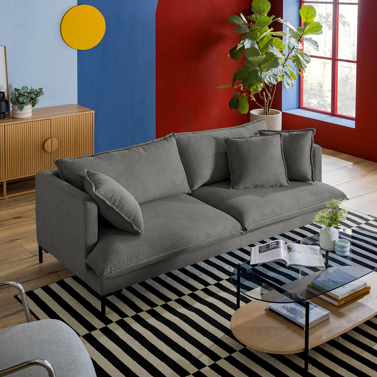 3-SITZER SOFA - Webstoff / Metall - Dunkelgrau, Textil/Metall (216/101/82cm) - home24