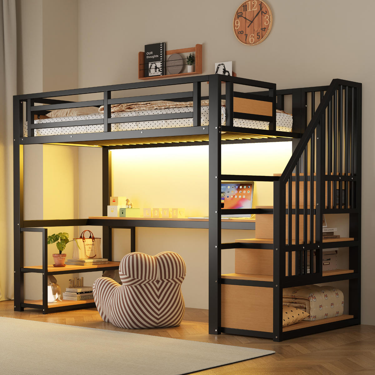 HOCHBETT 90/200 cm in Schwarz mit Aufbewahrungsleiter, Regal, Tisch, LED und Steckdose Metall-Design - Schwarz, Holzwerkstoff/Metall (90/200cm) - STILVORA