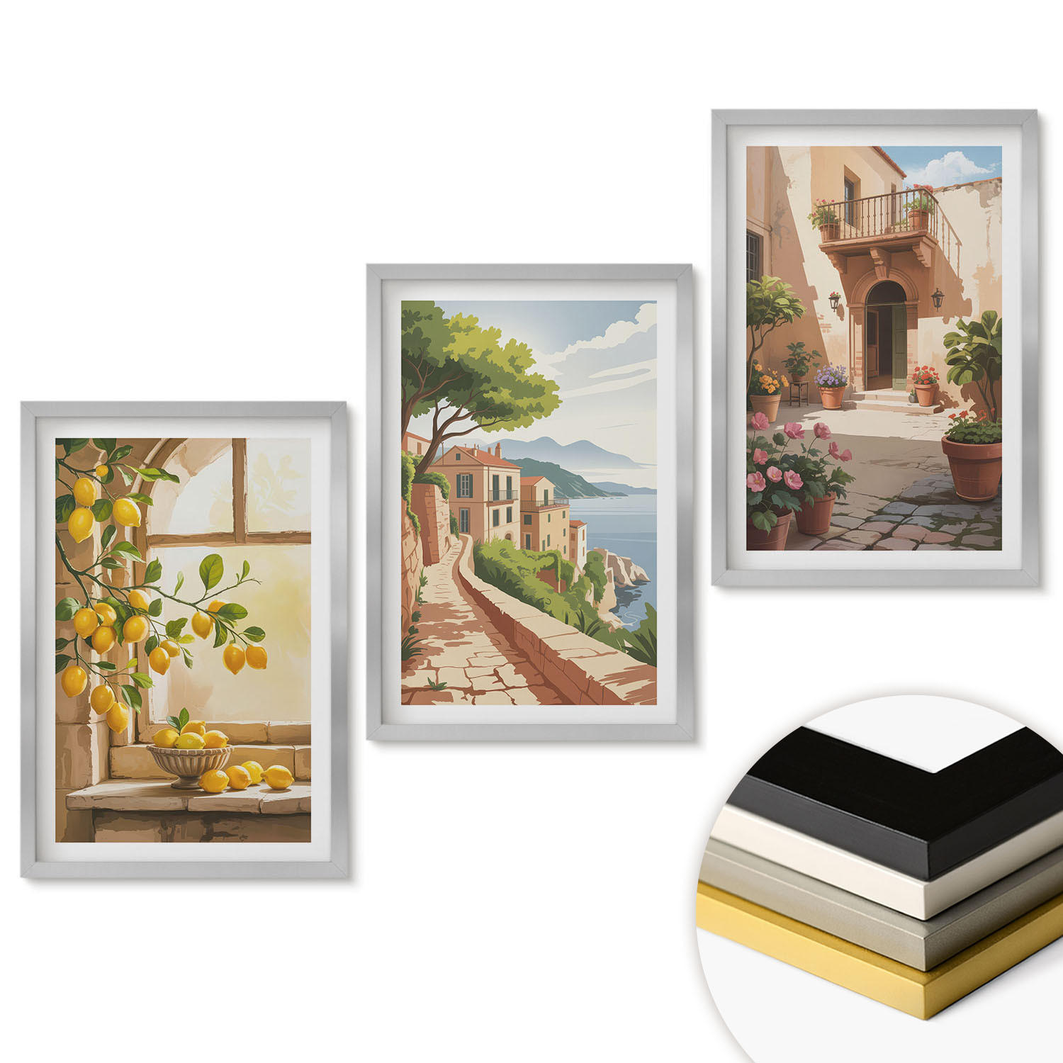 WANDBILDER 3er Set - 40x60 cm Silberner Rahmen - Zitrusfrüchte in der Küchenmeerstadt - Silberfarben, Kunststoff (40/60cm) - ArtPrintCave