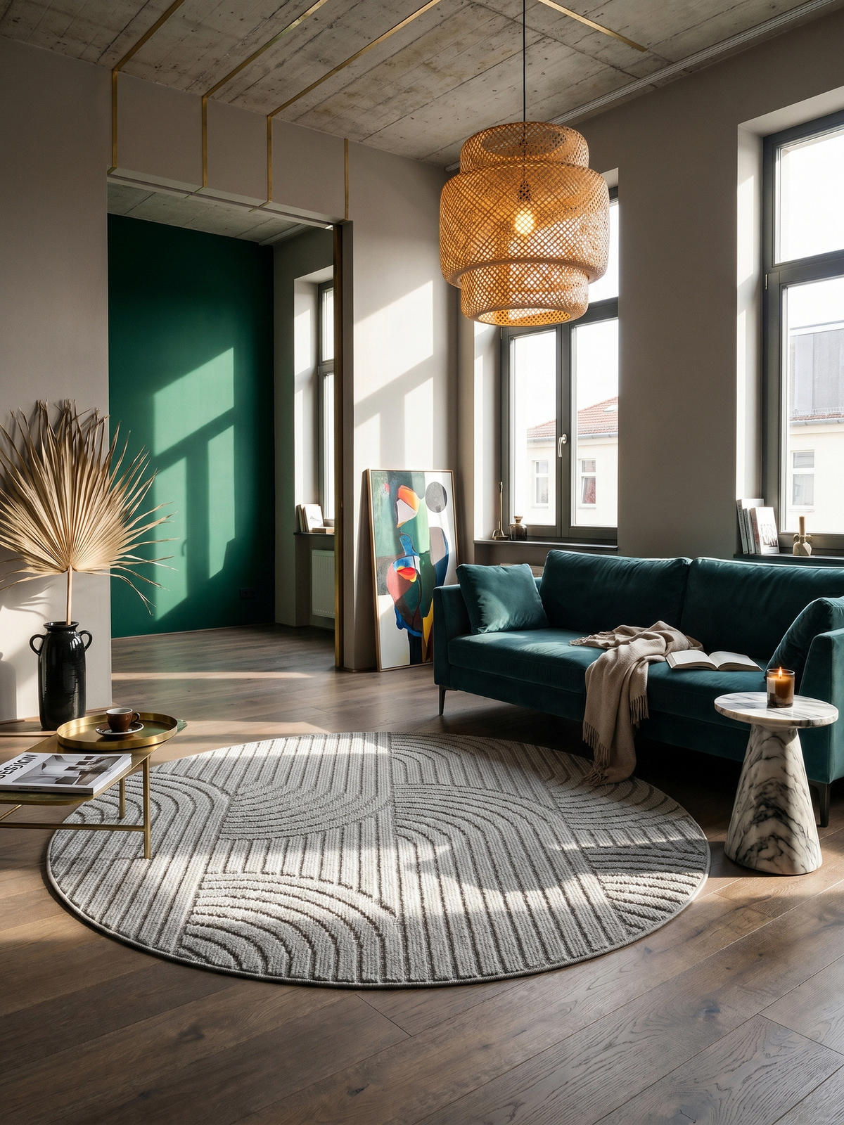 TEPPICH Flachgewebe LANGAU in Silber, mit geometrischen Bögen, Ø 160 cm - Silberfarben, Textil (160/160cm) - KADIMA DESIGN
