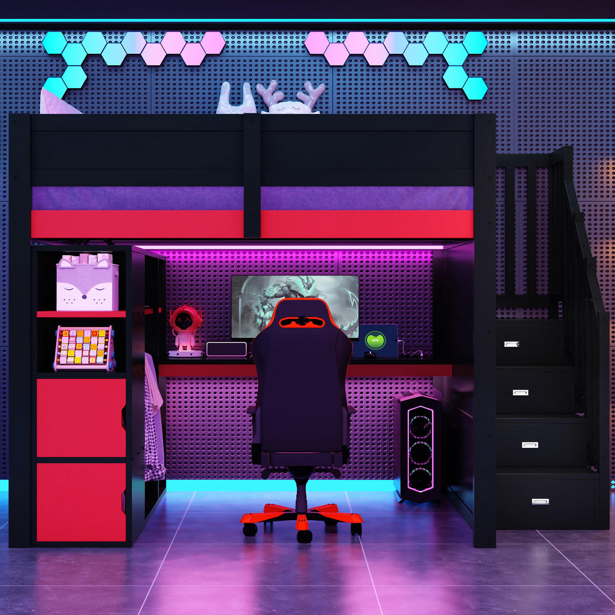HOCHBETT mit Schreibtisch 140/200 cm in Schwarz/Rot – mit Stauraum und LED - Schwarz, Holzwerkstoff (140/200cm) - BEAOK