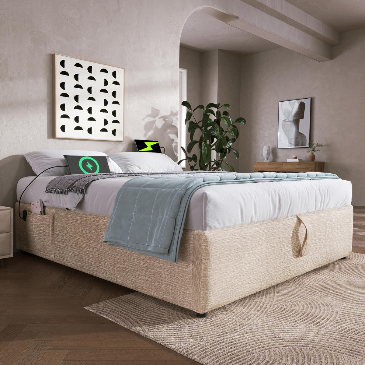 POLSTERBETT 140/200 cm mit Bettkasten und USB-C in Natur/Beige - Beige, Textil (140/200cm) - BEAOK