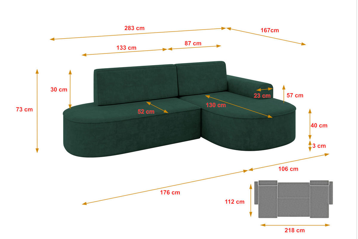 ECKSOFA mit Schlaffunktion und Bettkasten Ottomane Rechts MARI-L1-S - 283x167x73 cm Grün Velours - Waldgrün/Schwarz, Holzwerkstoff/Kunststoff (167/283cm) - ALTDECOR