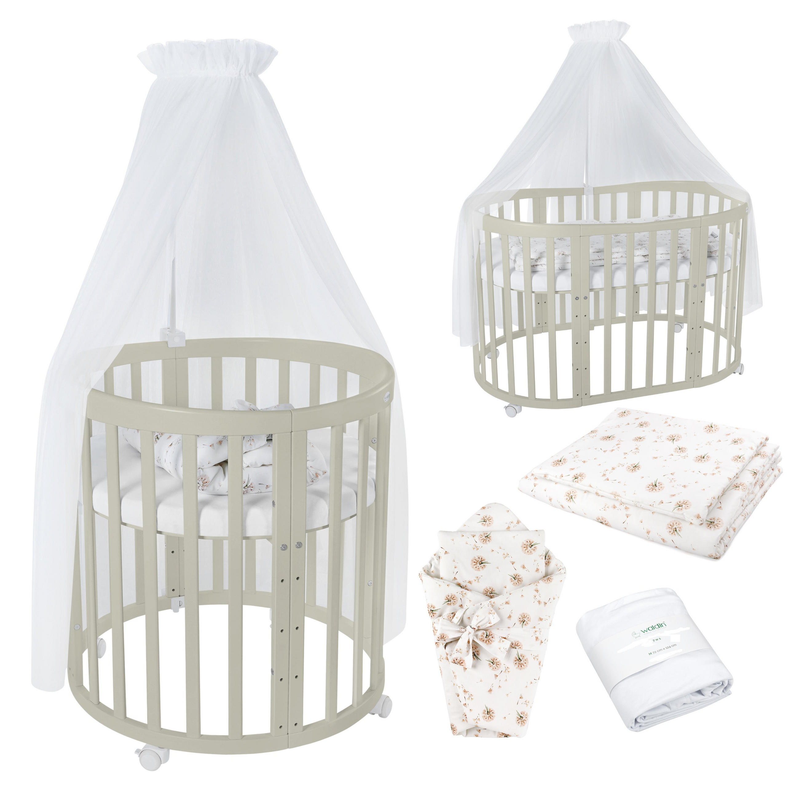 BABYBETT OLIVE OVAL 7in1 mit Matratze und Himmelset - Olivgrün/Weiß, Holz/Textil