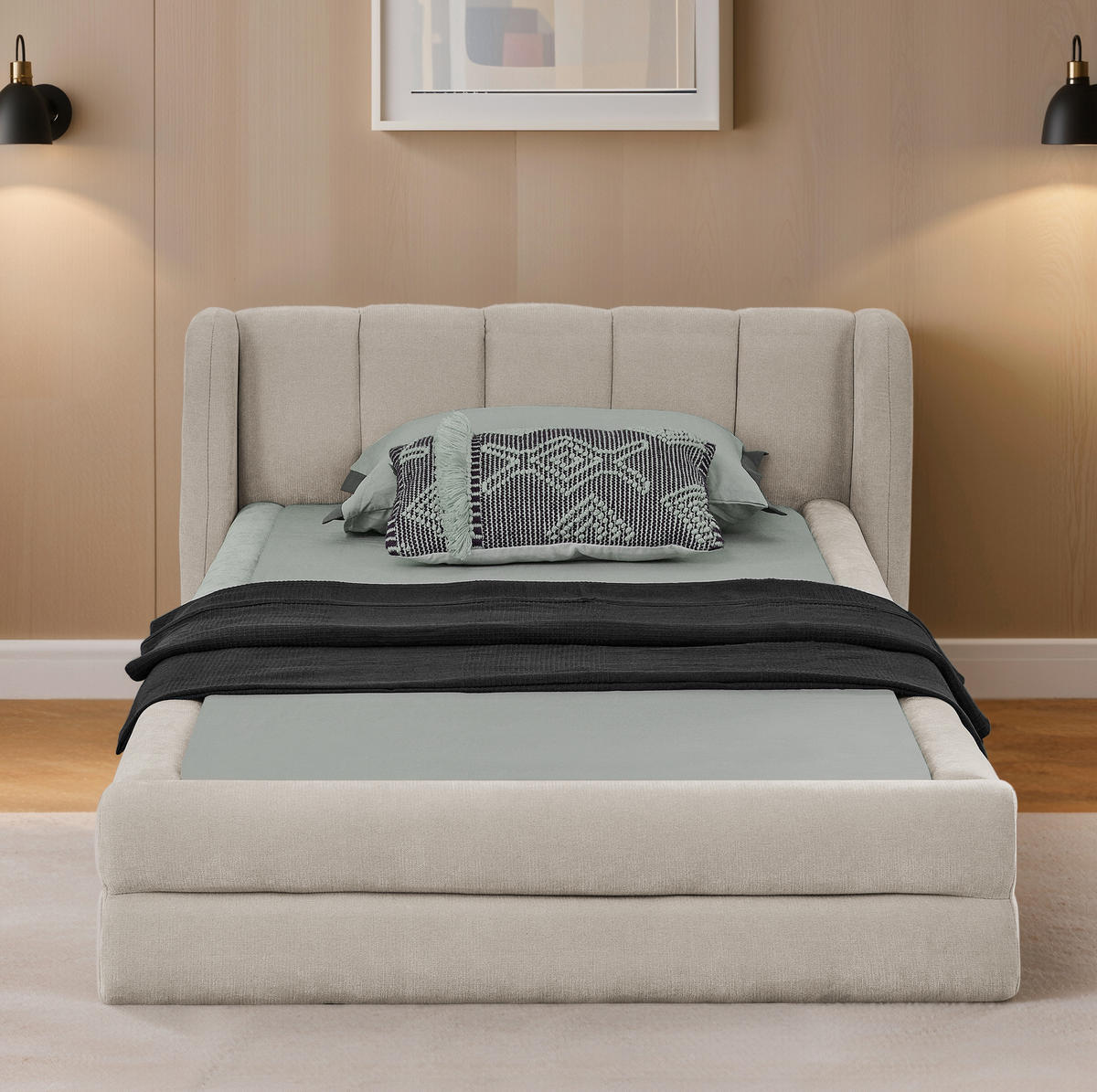 POLSTERBETT 90/200 cm mit ergonomischem Kopfteil und Chenillebezug, Beige - Beige, Kunststoff (90/200cm) - Redom