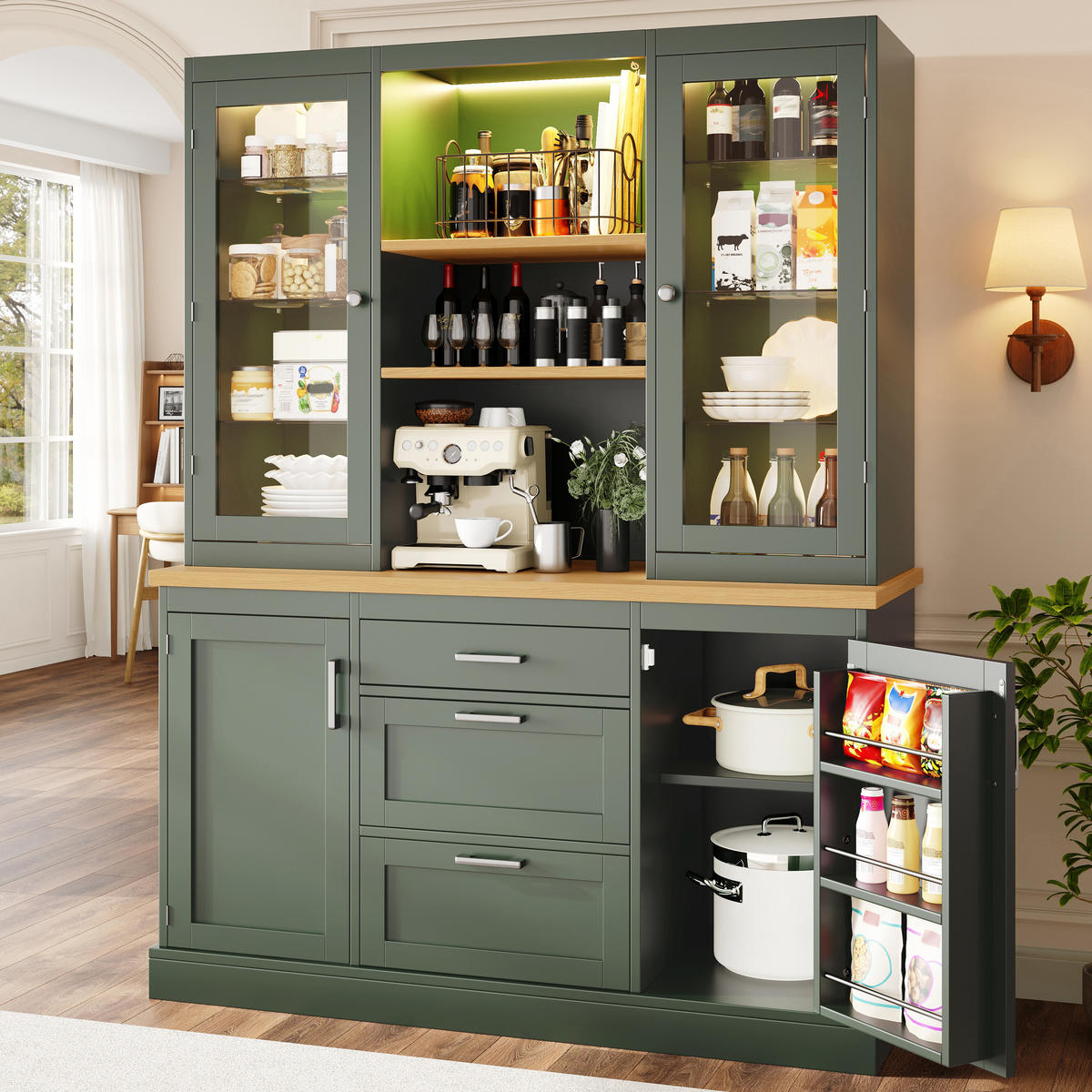 KÜCHENSCHRANK LED App 185x140x40Cm Arbeitsplatte - Grün, Holzwerkstoff (140/185/40cm) - FLIEKS