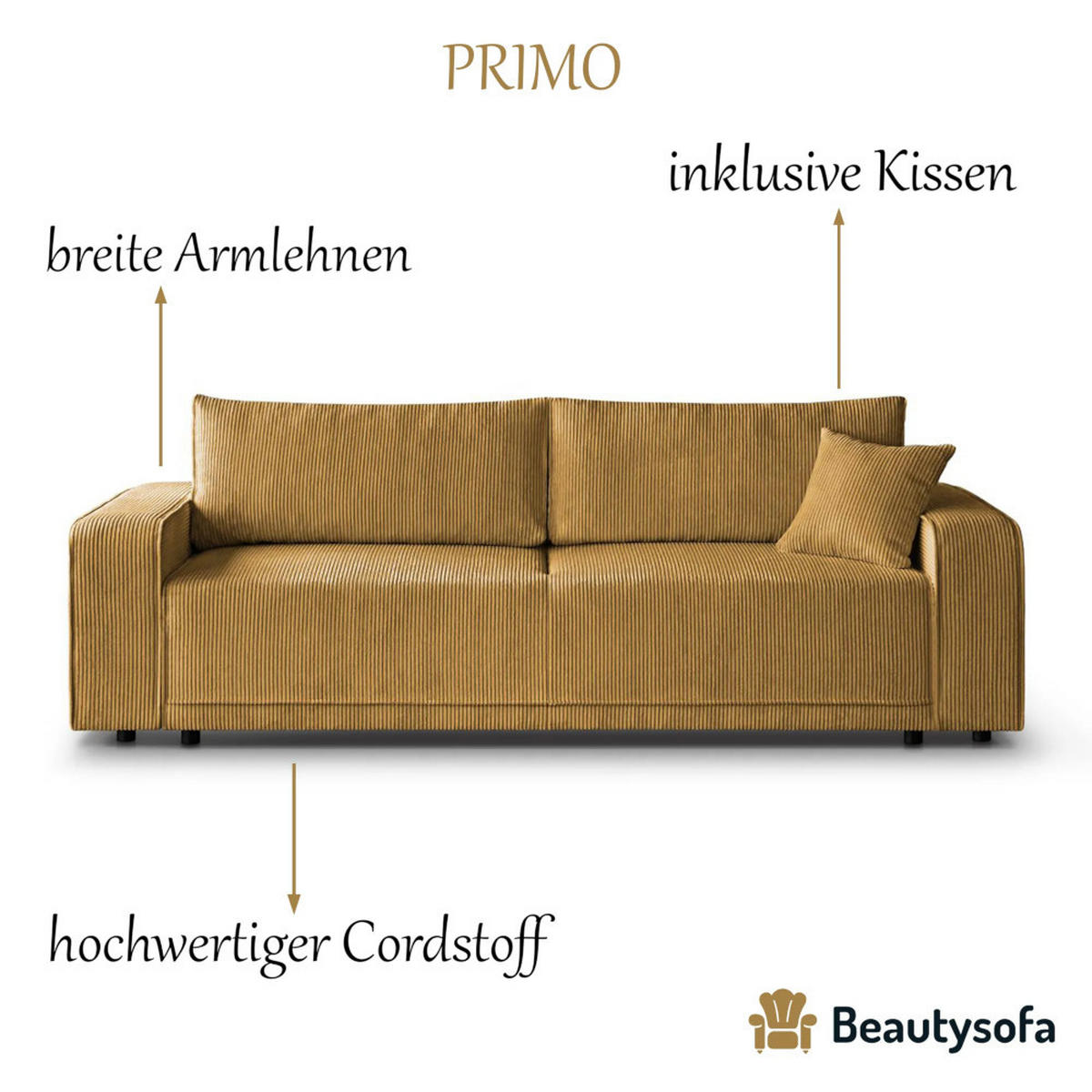 SCHLAFSOFA Primo 3-sitzer Gelb - Gelb, Textil (250/90/96cm) - Beautysofa