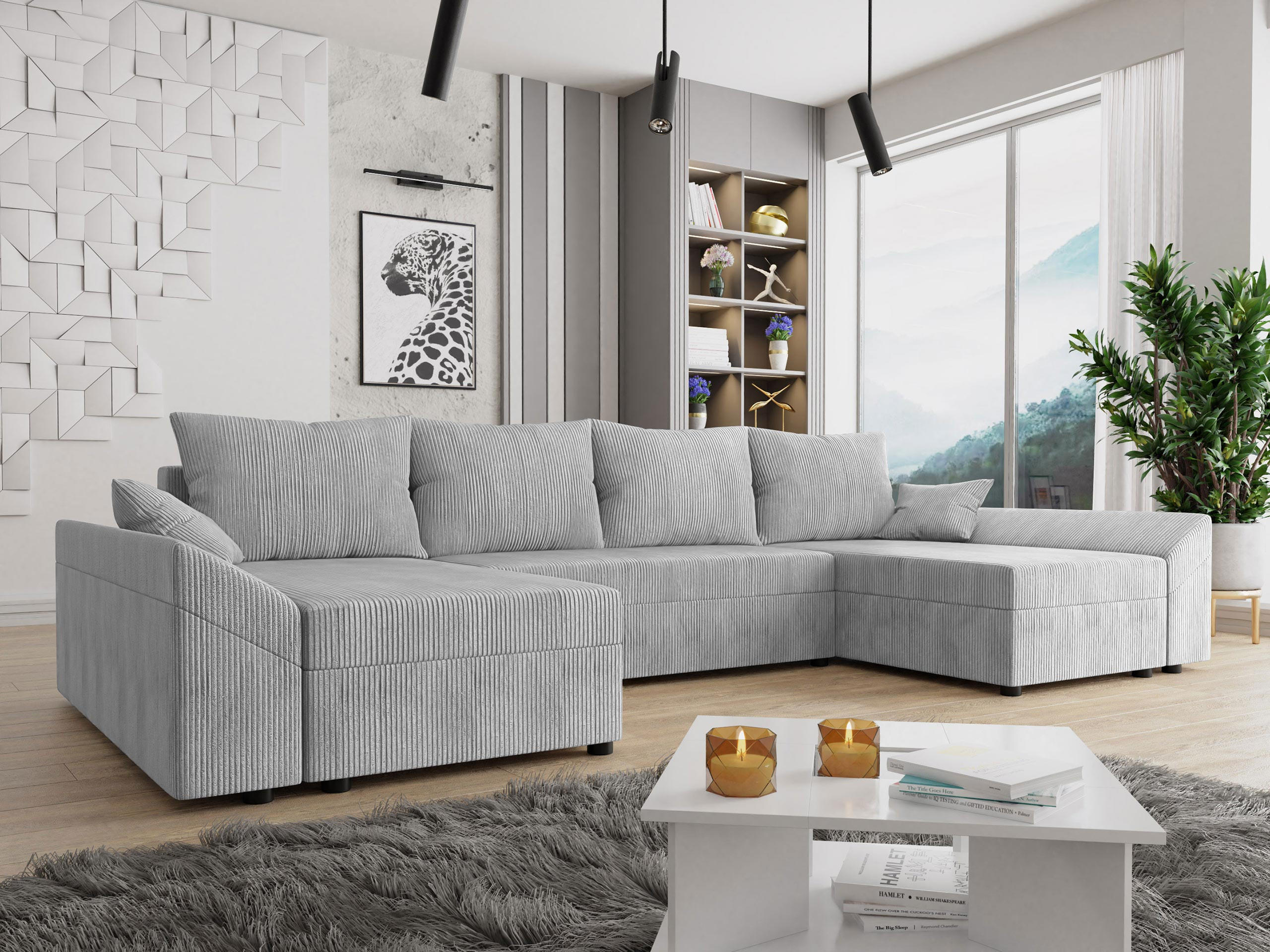 WOHNLANDSCHAFT Dante U Cord - Hellgrau/Schwarz, Holz/Kunststoff (310/82/140cm) - MIRJAN24